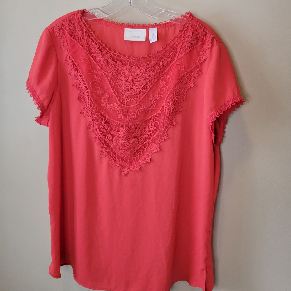Chico's Vibrant Coral Lace Accent Blouse